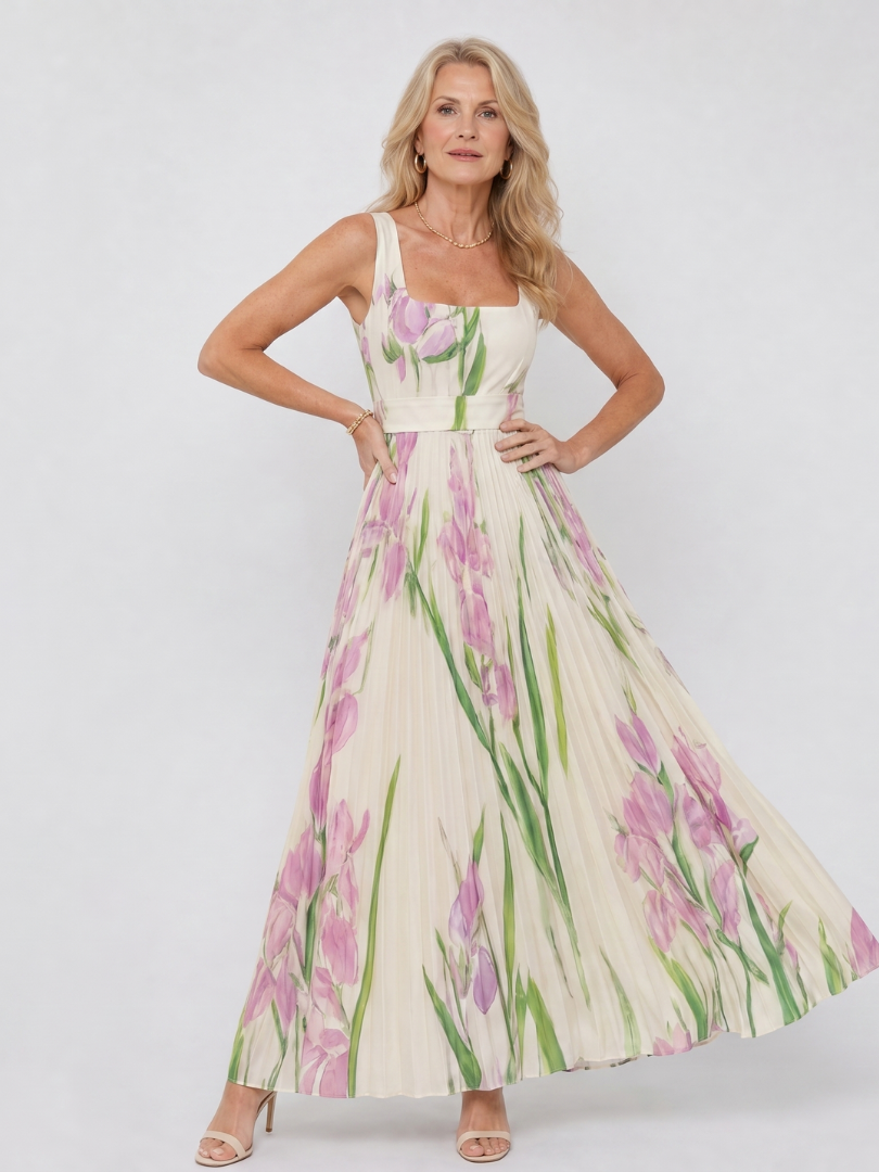 Glorine™ | Sleeveless Floral Pleated Maxi Dress with Square Neckline