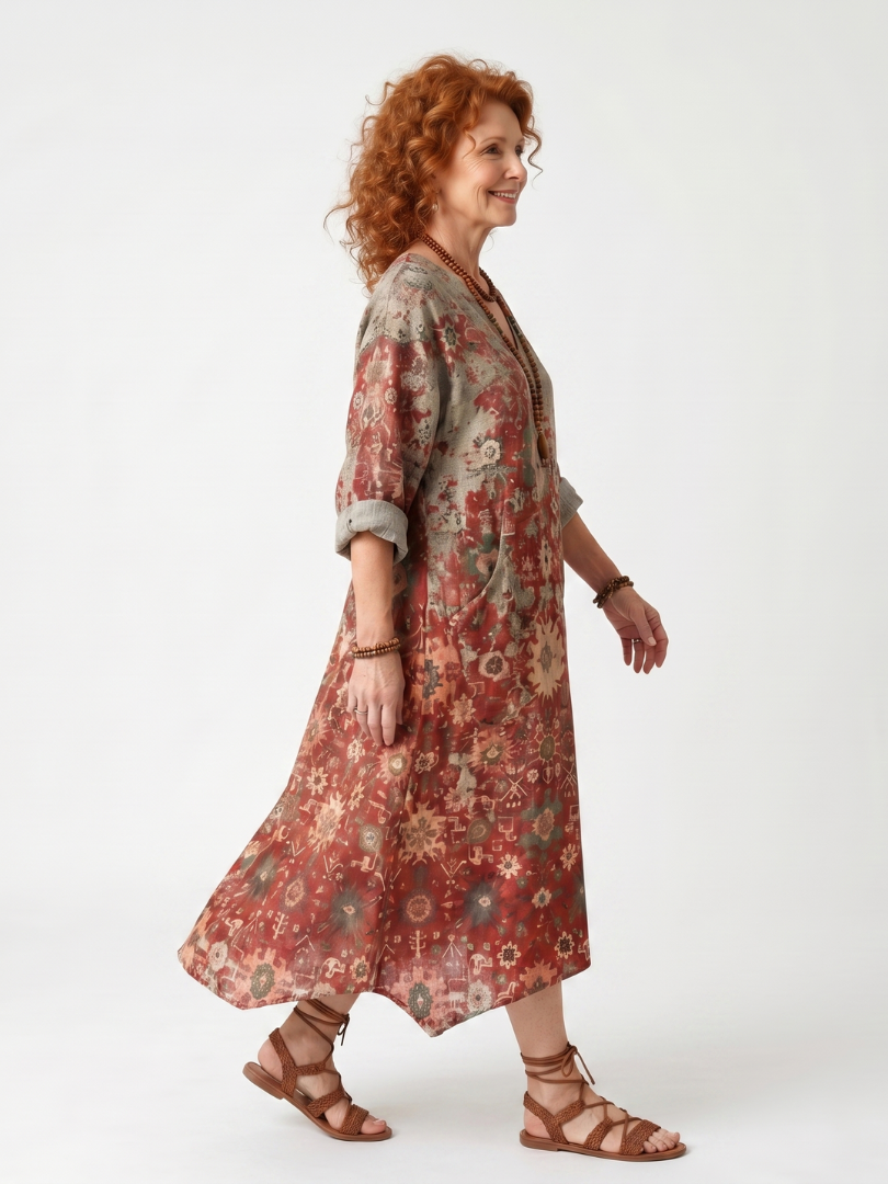 Vashti™ | Mixed Pattern Relaxed Pocket Midi Dress