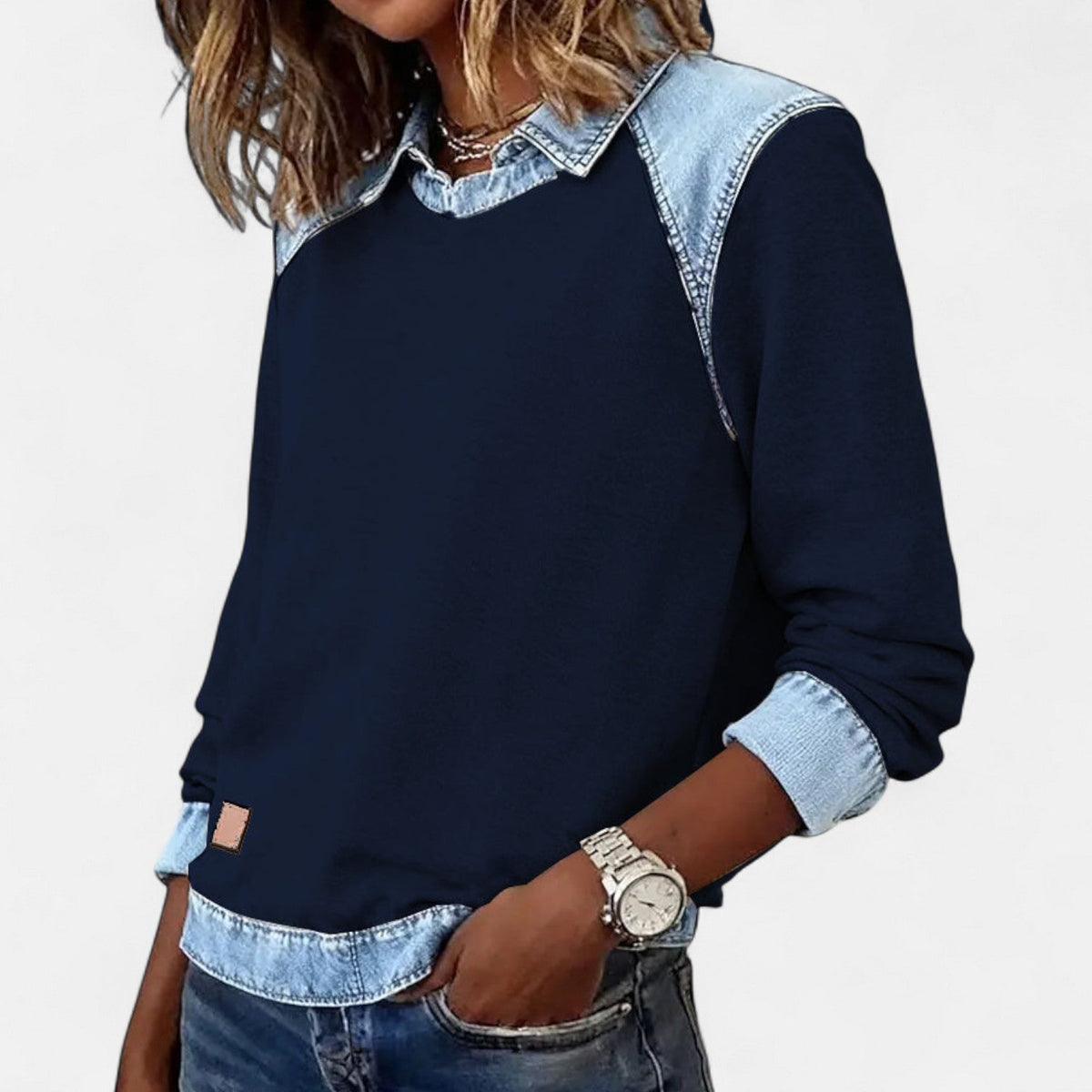 Ruth | Women's Denim Patchwork Collared Sweatshirt