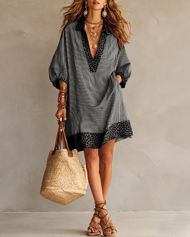 Roxana™ | Leopard Print Panel Puff Sleeve Striped Shirt Dress