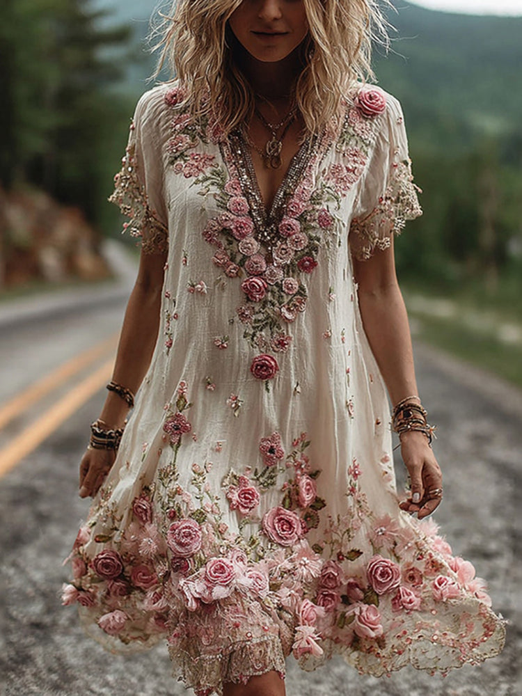 Rosamund™ | Vintage Floral Embroidered Short-Sleeve Dress