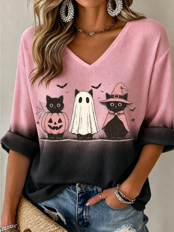 Women's Halloween Ghost & Cat Waffle V-Neck Top