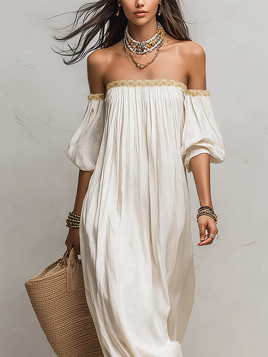 Oriselle™ | Off-the-Shoulder Pleated Ivory Maxi Dress