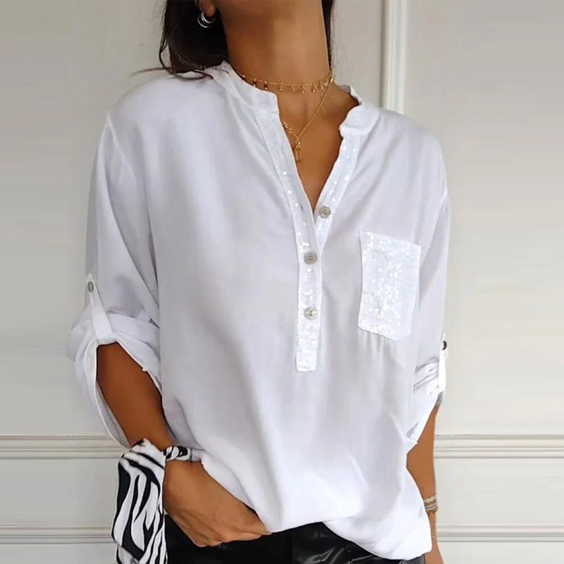Lucette™ | Sequin Trim Button-Up Shirt