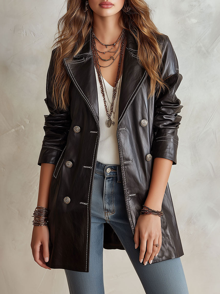 Margit™ | Eco-Leather Double-Breasted Trench Coat