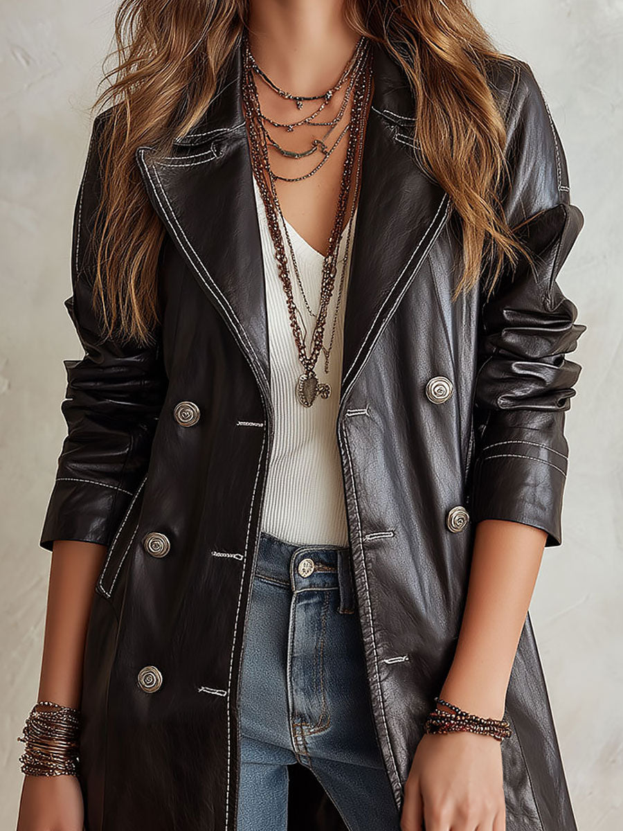 Margit™ | Eco-Leather Double-Breasted Trench Coat