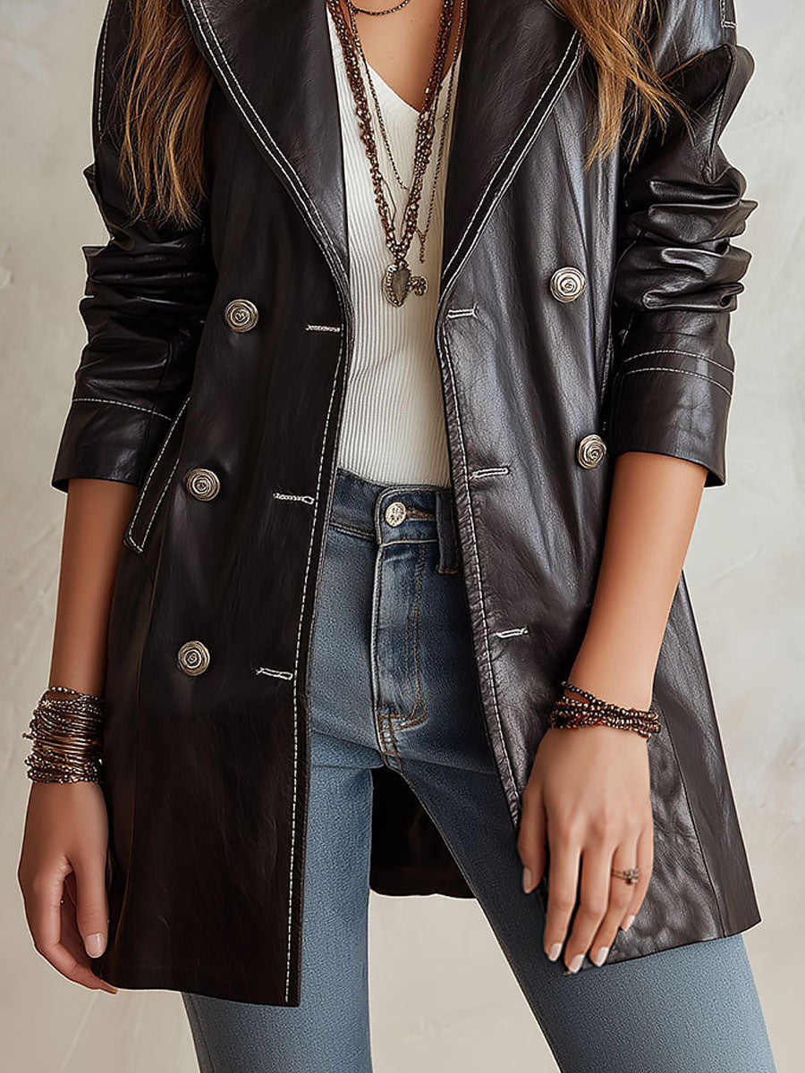 Margit™ | Eco-Leather Double-Breasted Trench Coat