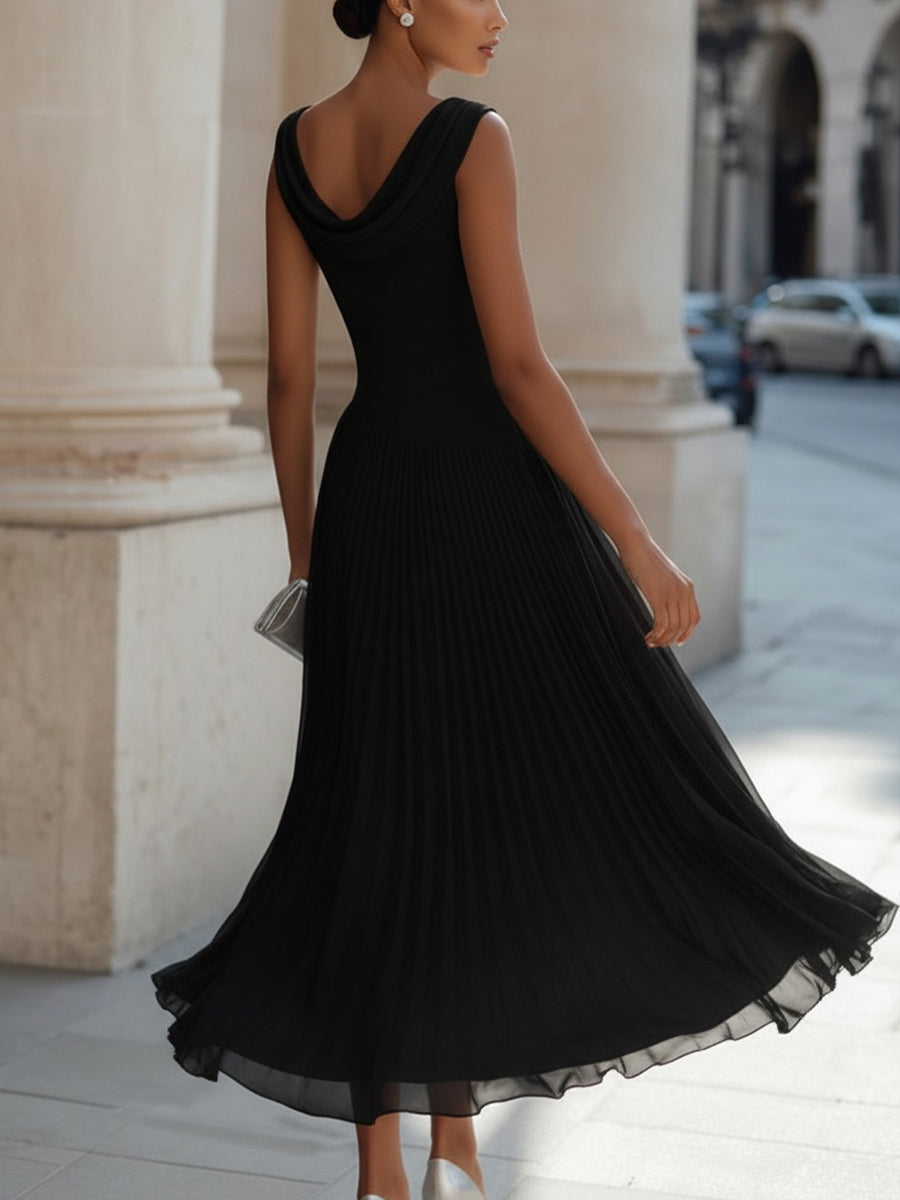 Kathleen™ | Draped Neckline Pleated Sleeveless Midi Dress