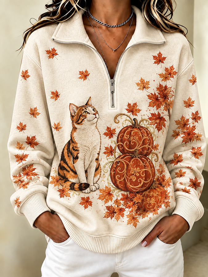 Women's Halloween Cat & Pumpkin Plaid Zip Top