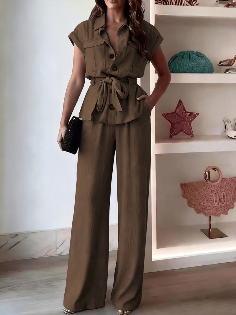 Helena™ | Elegant Belted Wide Leg Pant Set