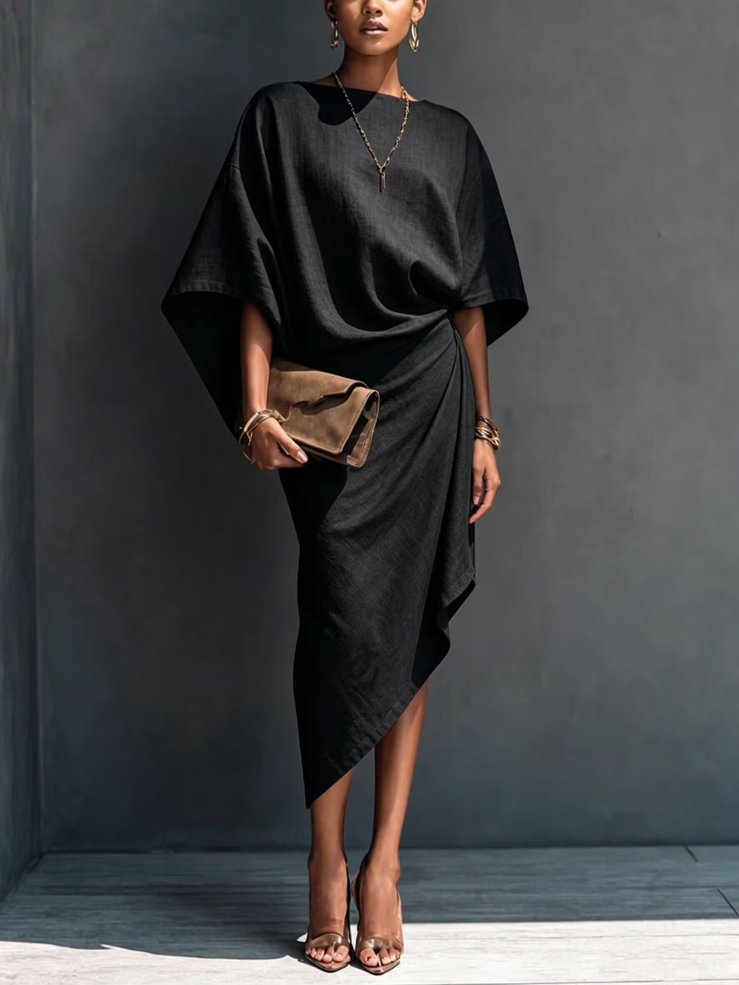 Orinthel™ | Draped Asymmetrical Short-Sleeve Midi Dress