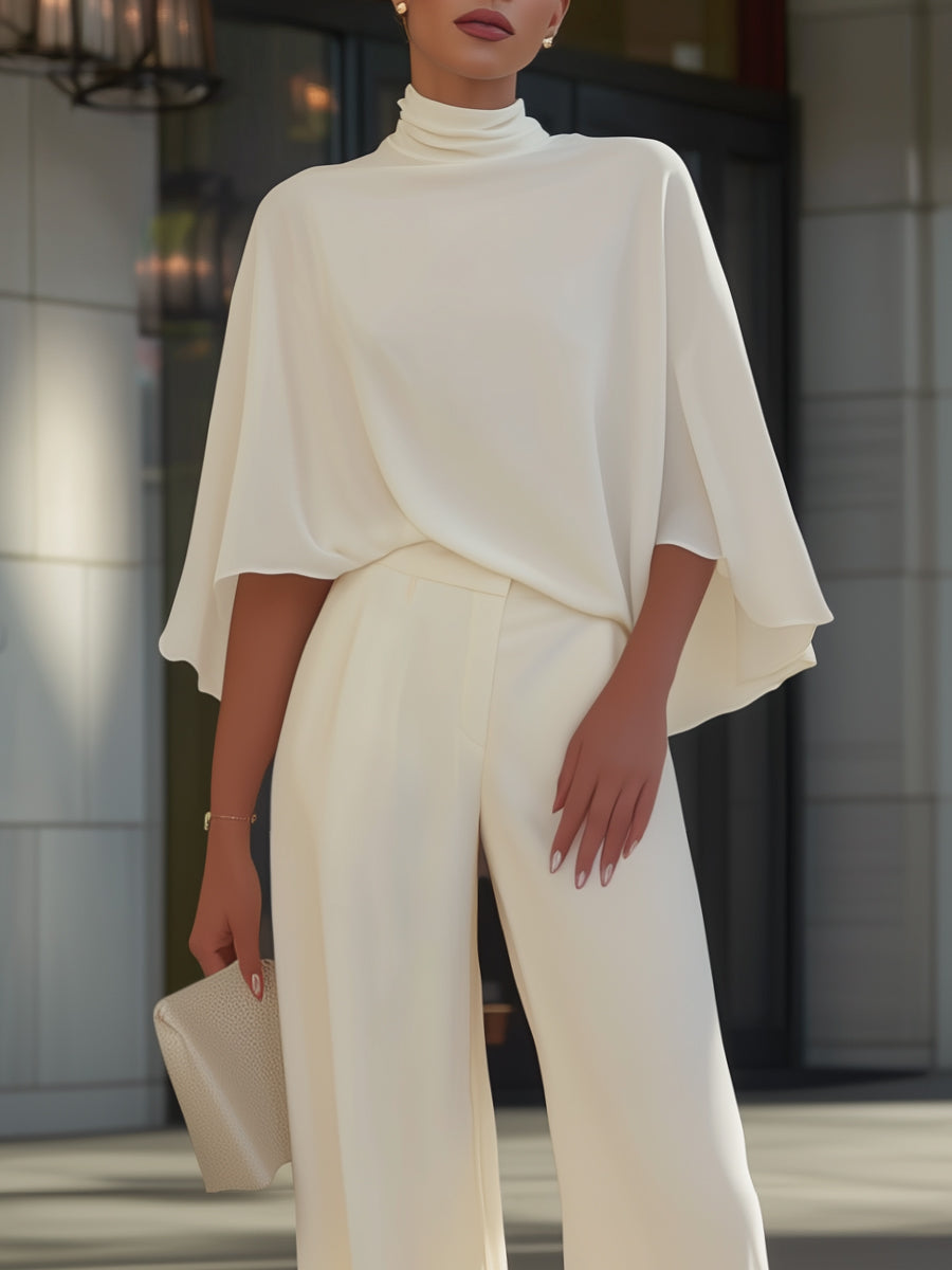 Kylara™ | High-Neck Cape-Sleeve Top & Wide-Leg Slit Pants Set