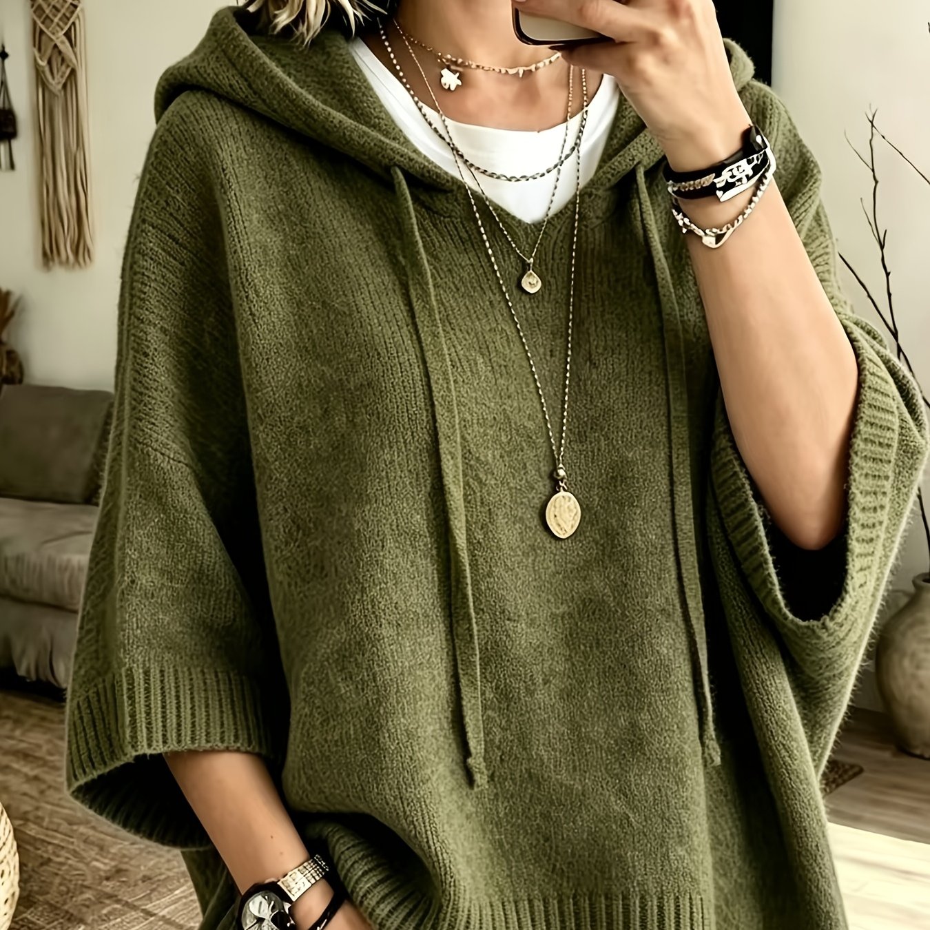 Vynora™ | Casual Drawstring Hooded Poncho Sweater