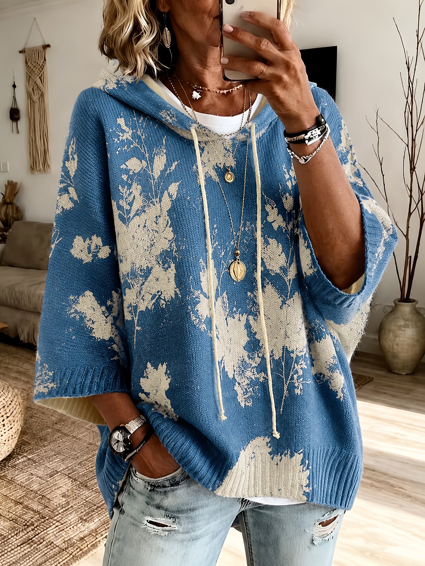 Nadia™ | Floral Hooded Cape Sweater