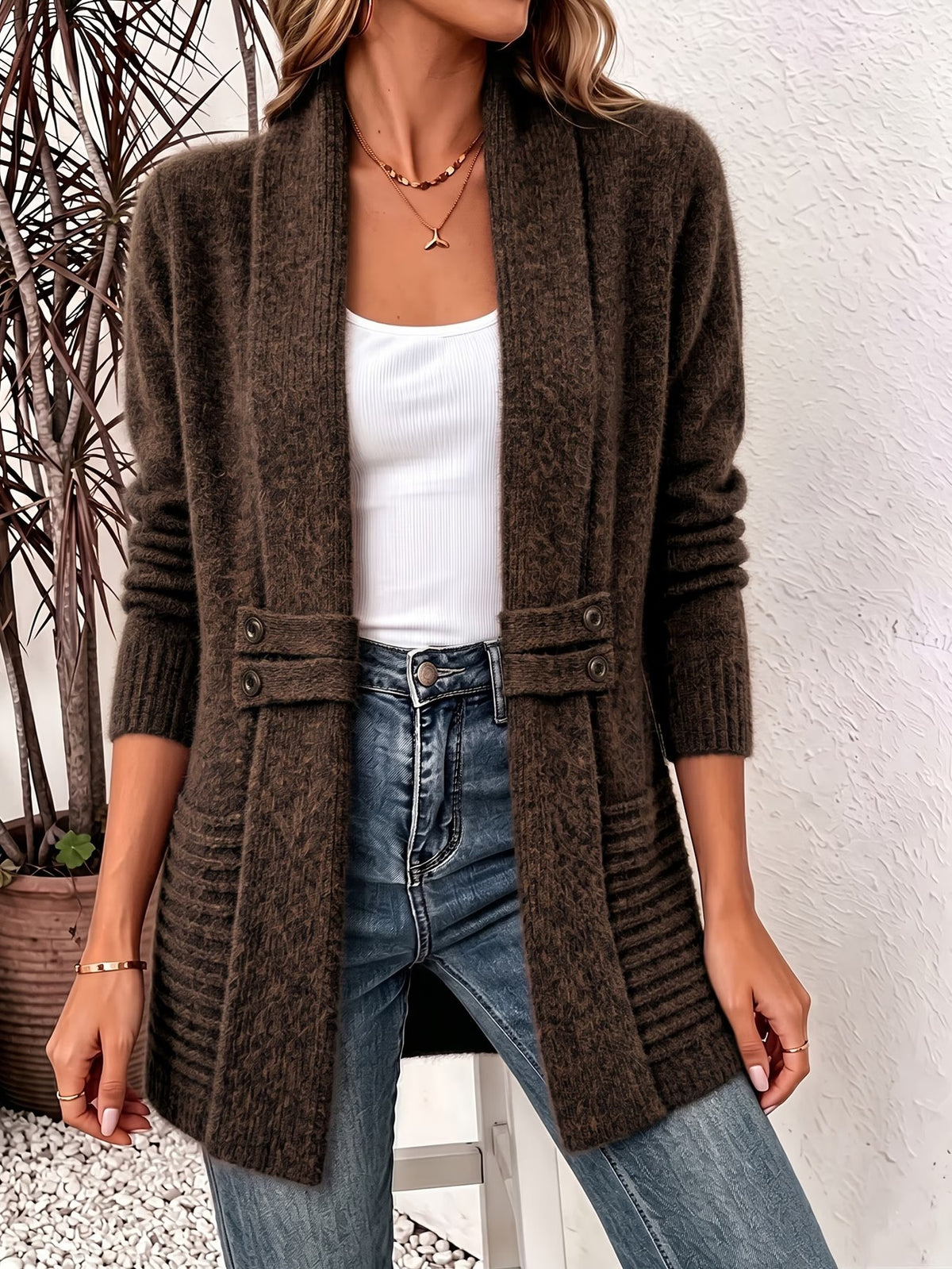 Camille™ | Chocolate Ribbed Knit Button-Tab Cardigan