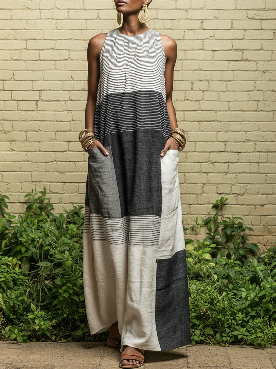 Vashara™ | Color Block Striped Sleeveless Maxi Dress With Pockets