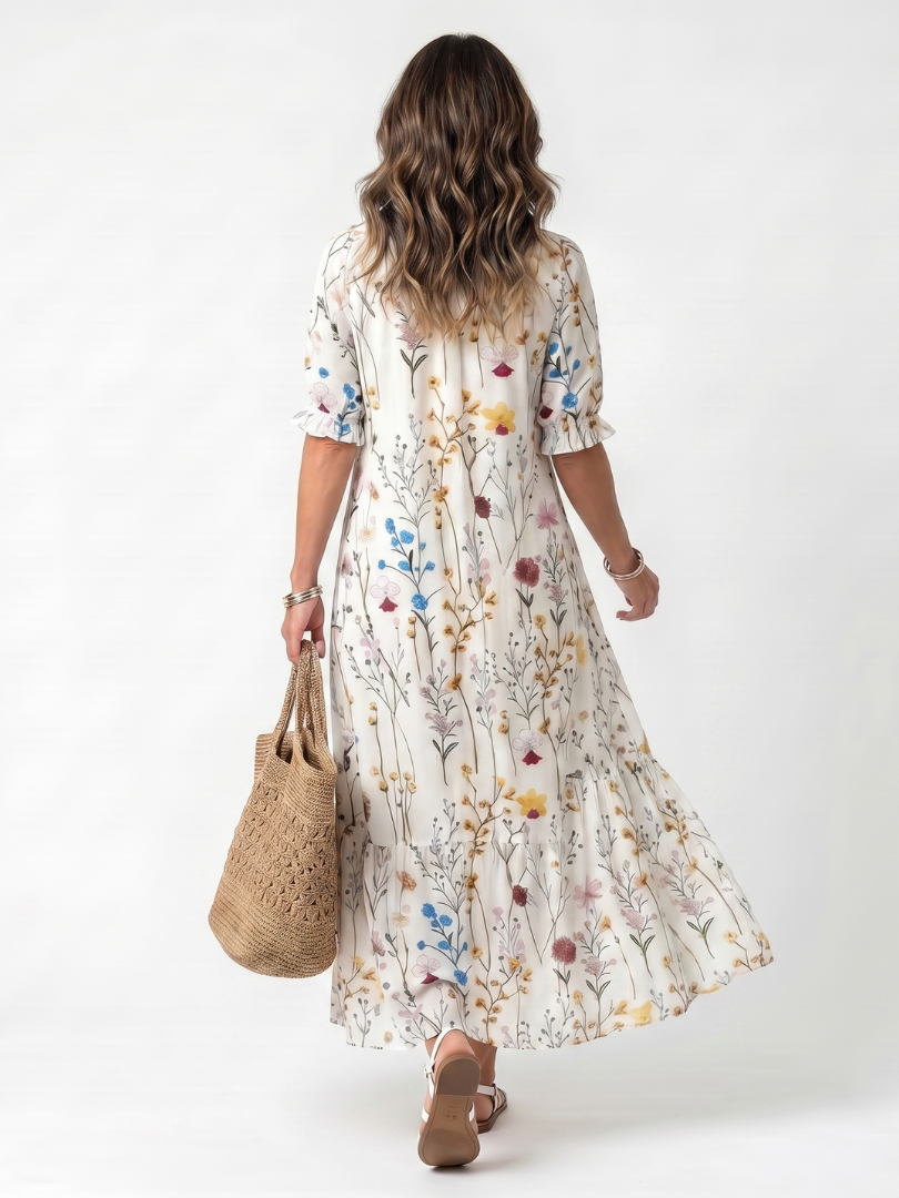 Arienne™ | Botanical Print Tassel Tie Midi Dress