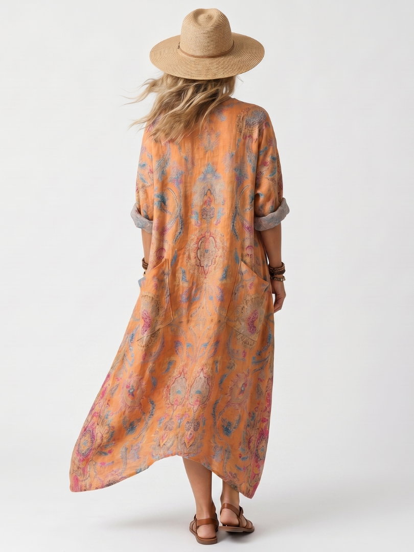 Lavaine™ | Notch Neck Printed Oversized Pocket Midi Dress