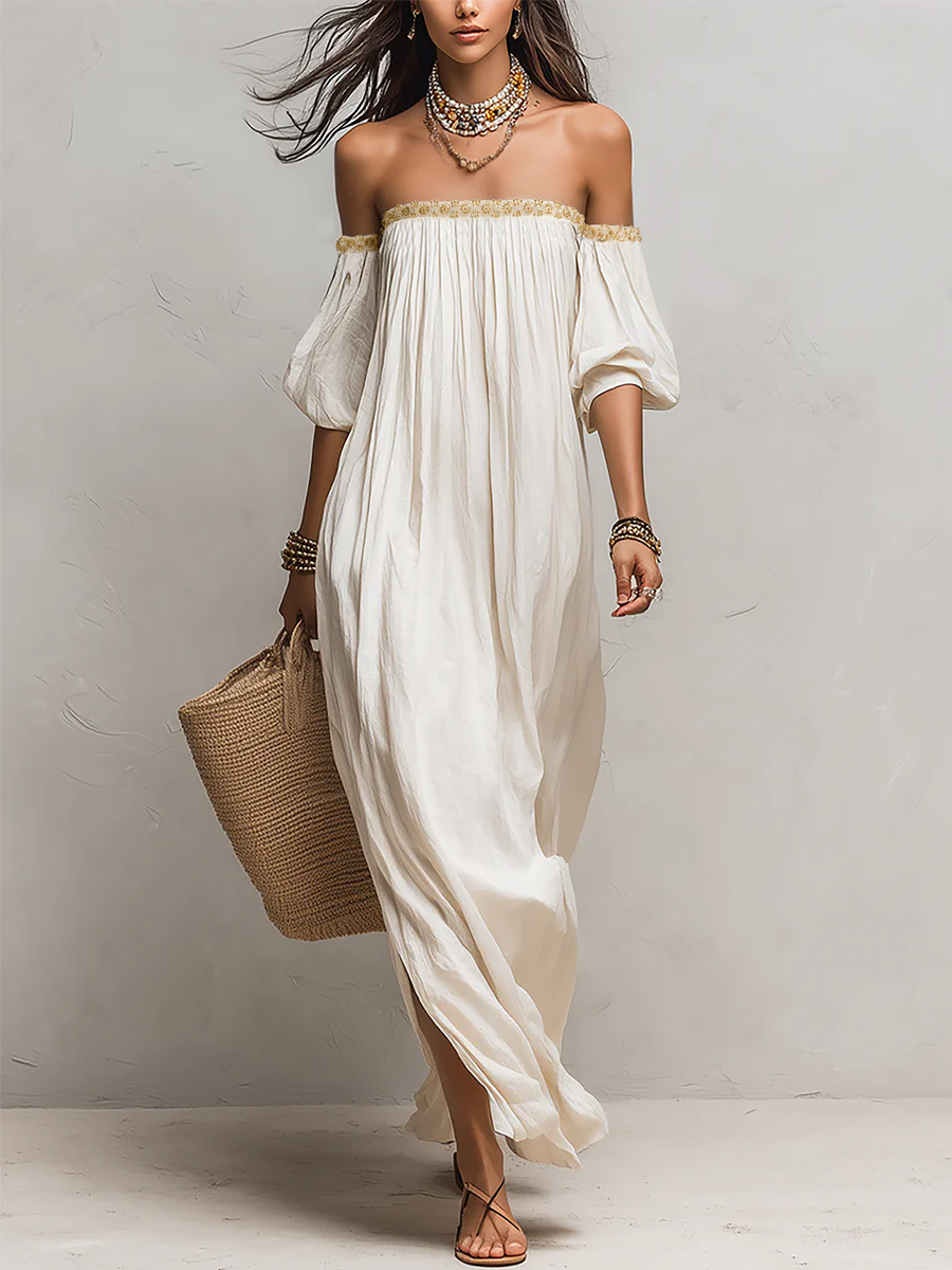 Oriselle™ | Off-the-Shoulder Pleated Ivory Maxi Dress