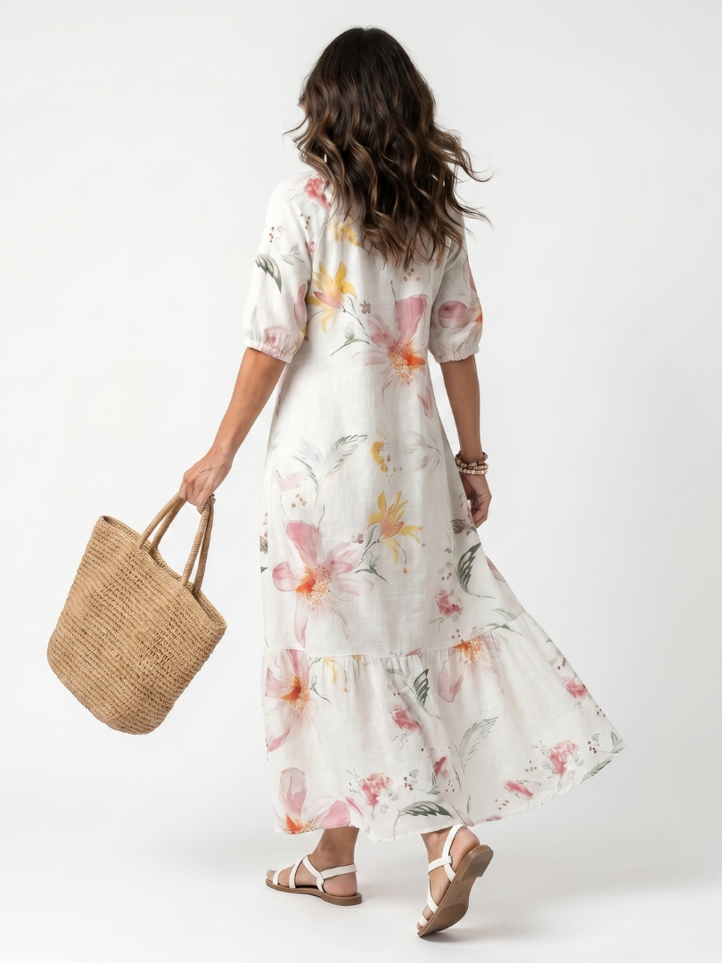 Delara™ | Soft Floral Tiered Tassel Midi Dress