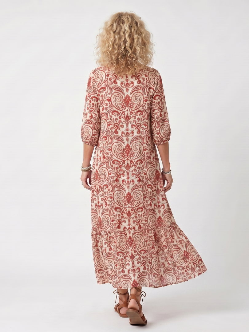 Nevara™ | Ornate Print Tassel Tie Midi Dress
