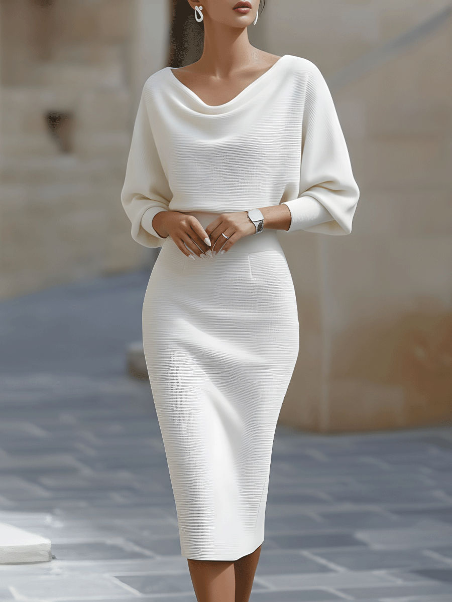Belvaine™ | Draped Midi Dress with Batwing Sleeves