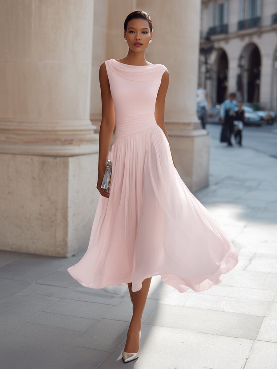 Kathleen™ | Draped Neckline Pleated Sleeveless Midi Dress