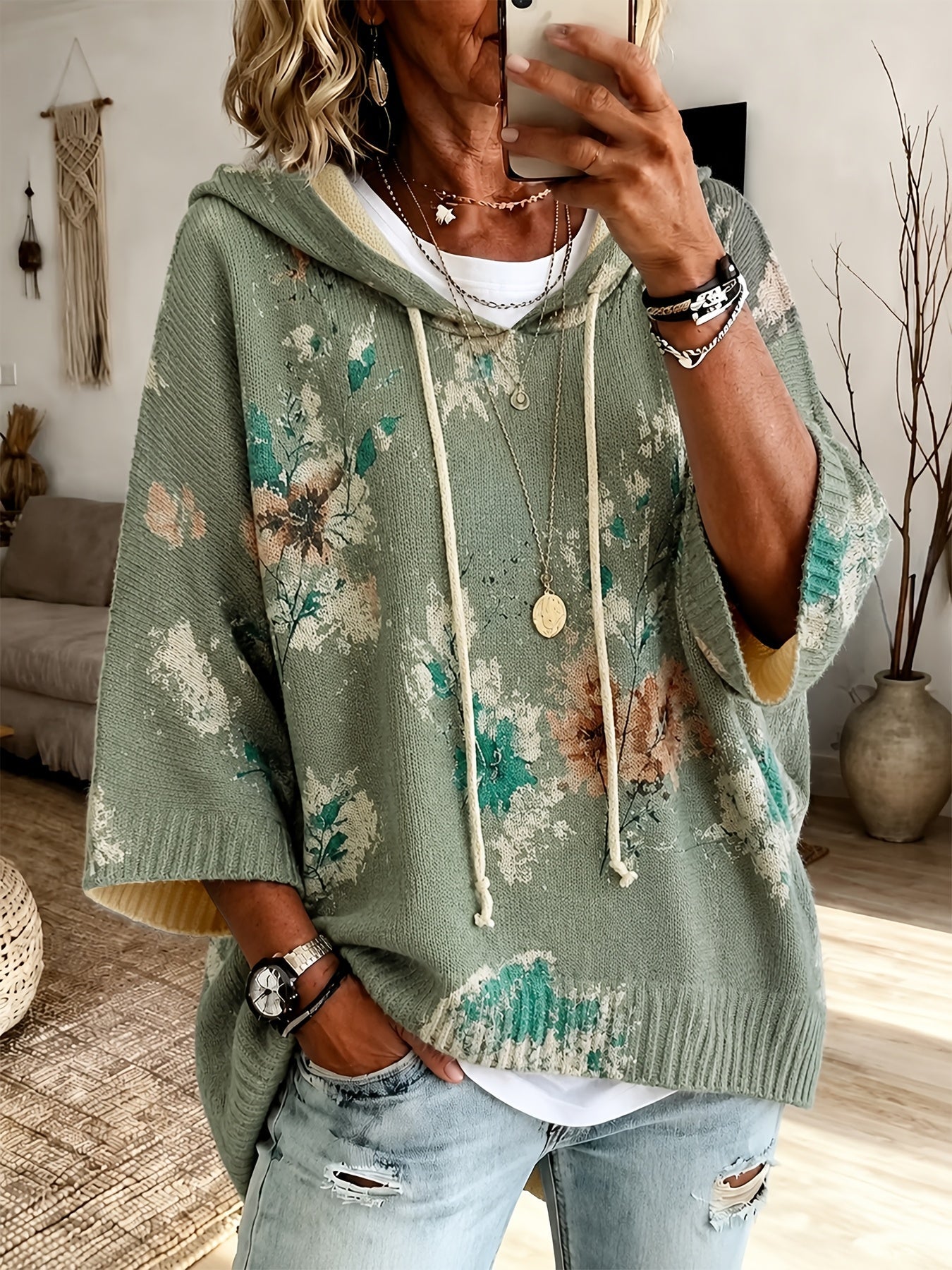 Nadia™ | Floral Hooded Cape Sweater
