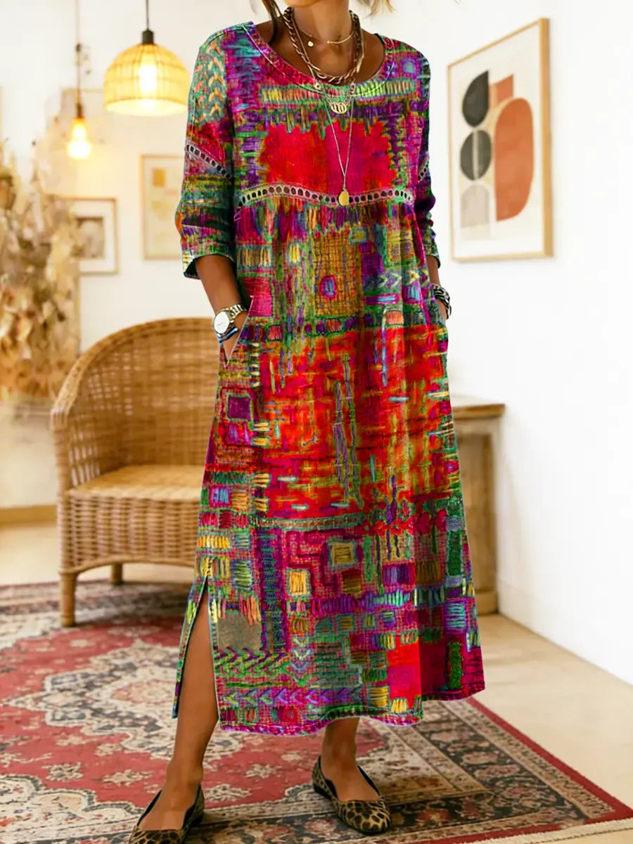 Frondine™ | Patchwork Ethnic Midi Dress