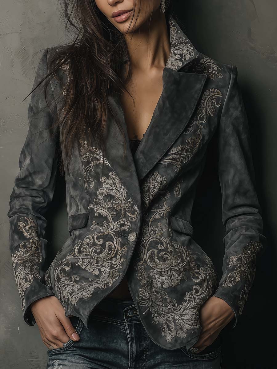 Paveline™ | Charcoal Taupe Embossed Floral Blazer