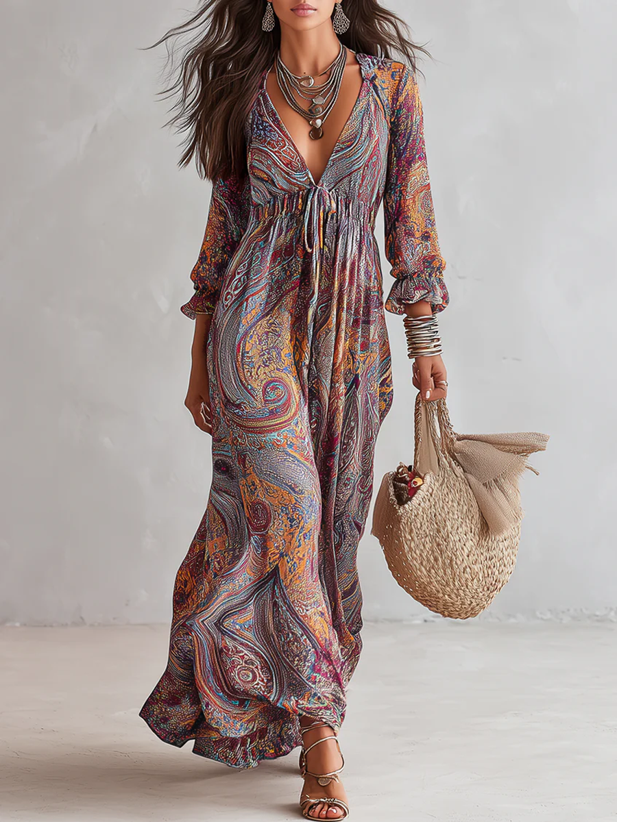 Acantha™ | Vintage Paisley Print V-Neck Maxi Dress with Tie Waist