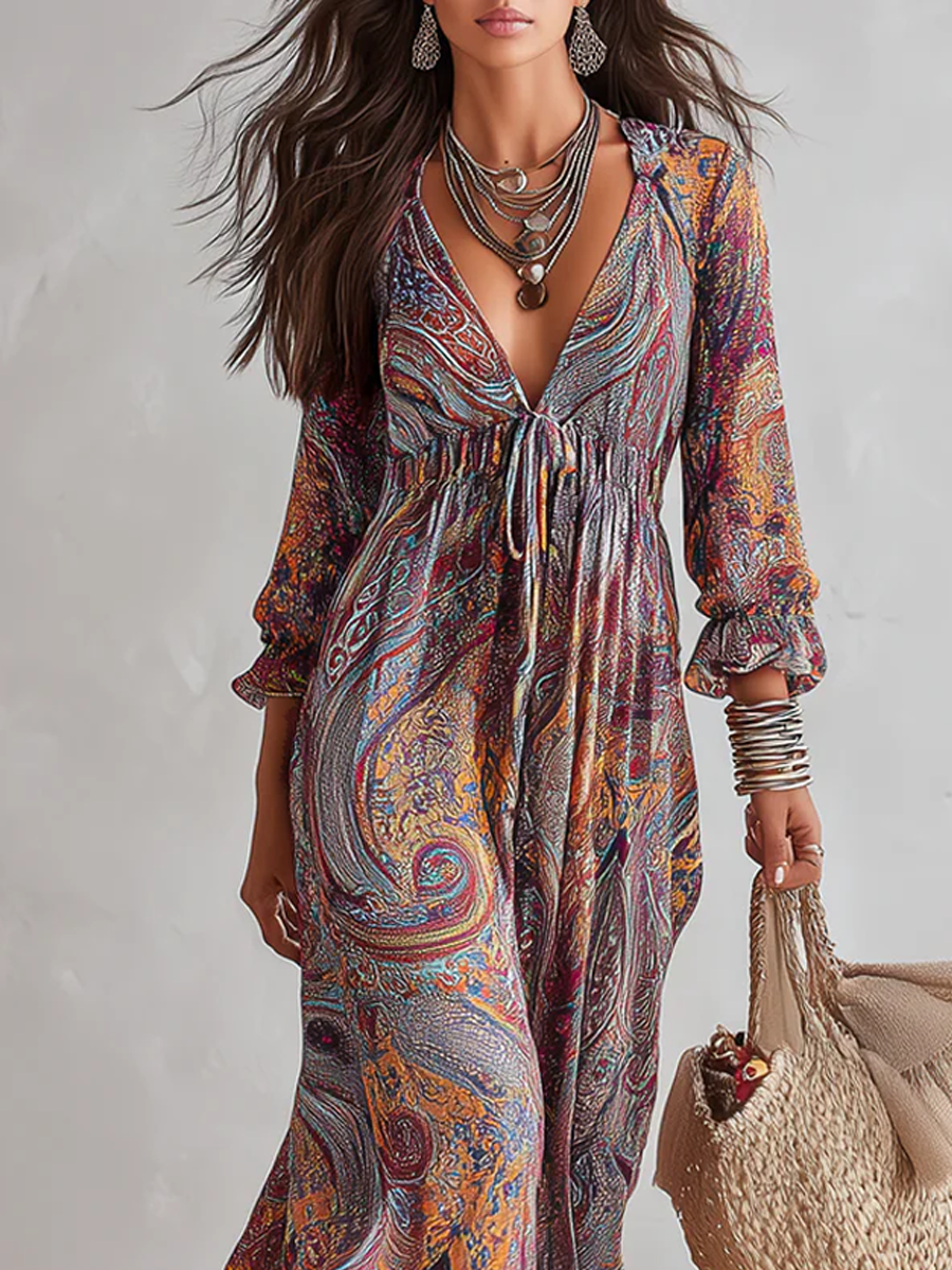 Acantha™ | Vintage Paisley Print V-Neck Maxi Dress with Tie Waist