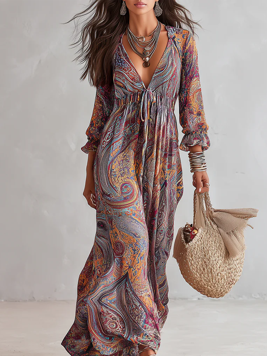 Acantha™ | Vintage Paisley Print V-Neck Maxi Dress with Tie Waist