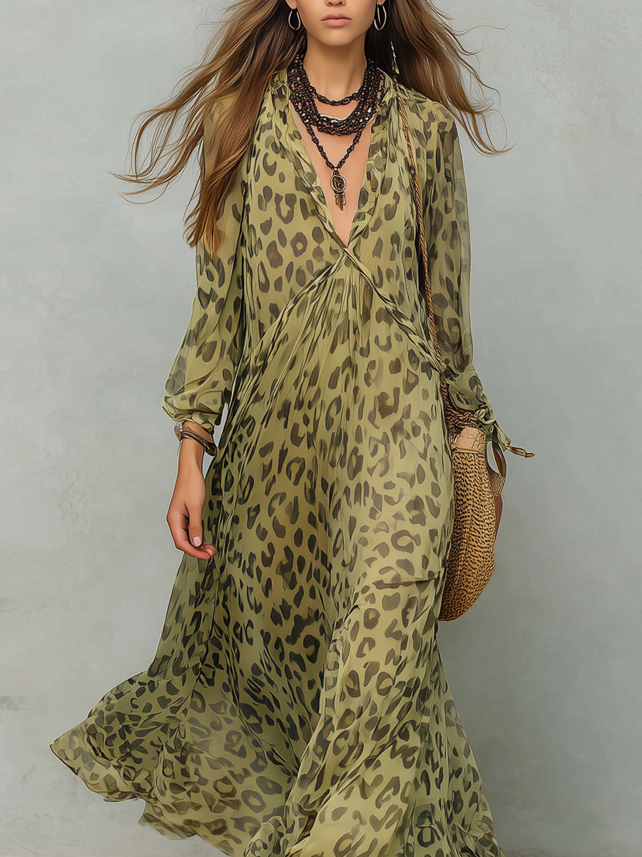 Lavara™ | Olive Green Leopard Print Long-Sleeve Bohemian Maxi Dress