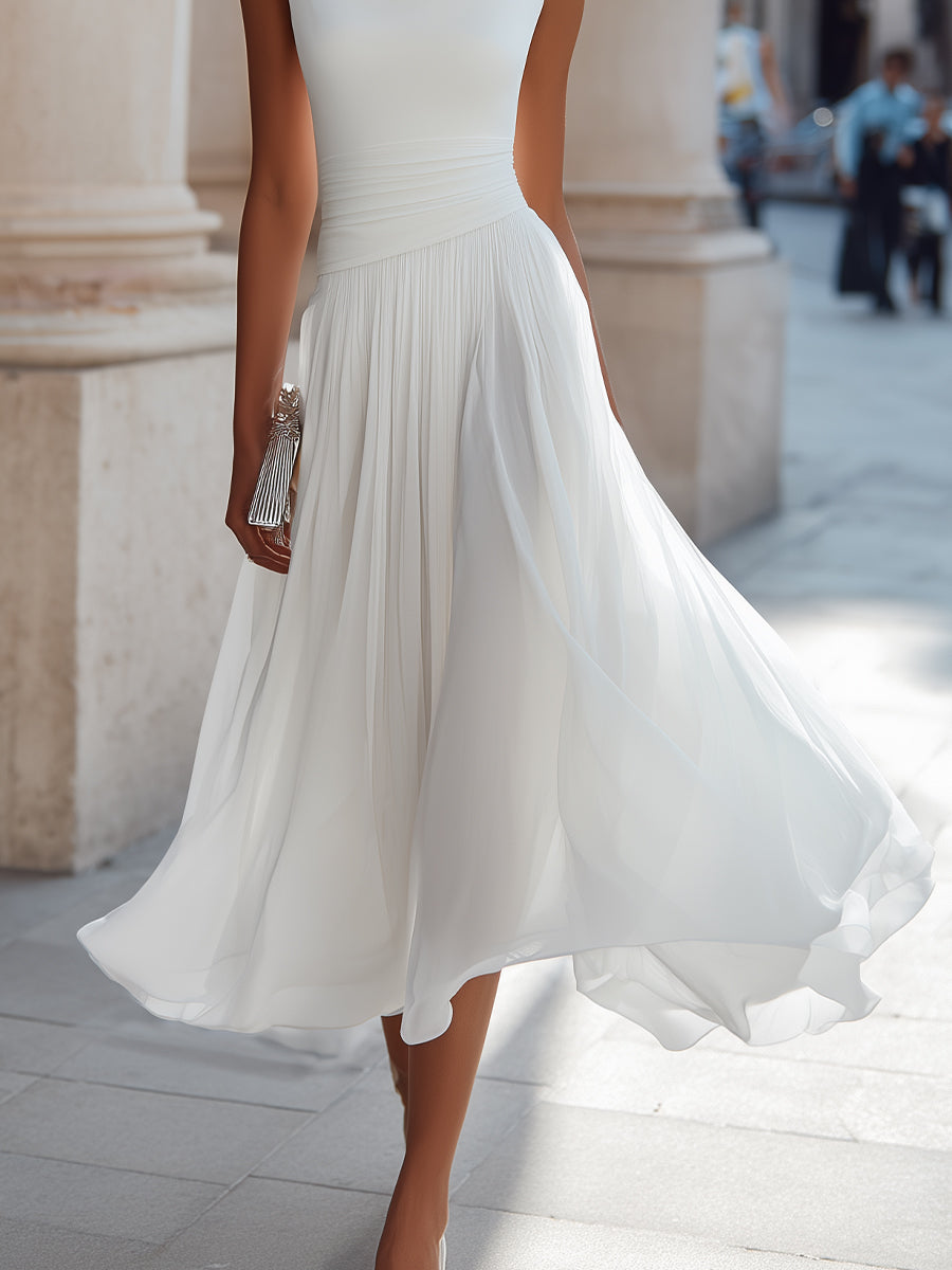 Kathleen™ | Draped Neckline Pleated Sleeveless Midi Dress
