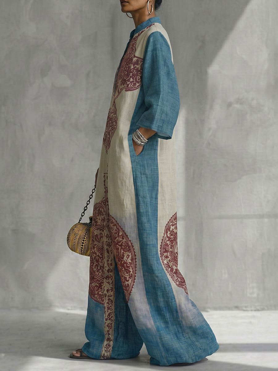 Romilda™ | Loose Three-Quarter Sleeve Contrast Color Ethnic Printed Pockets V-Neck Jumpsuit