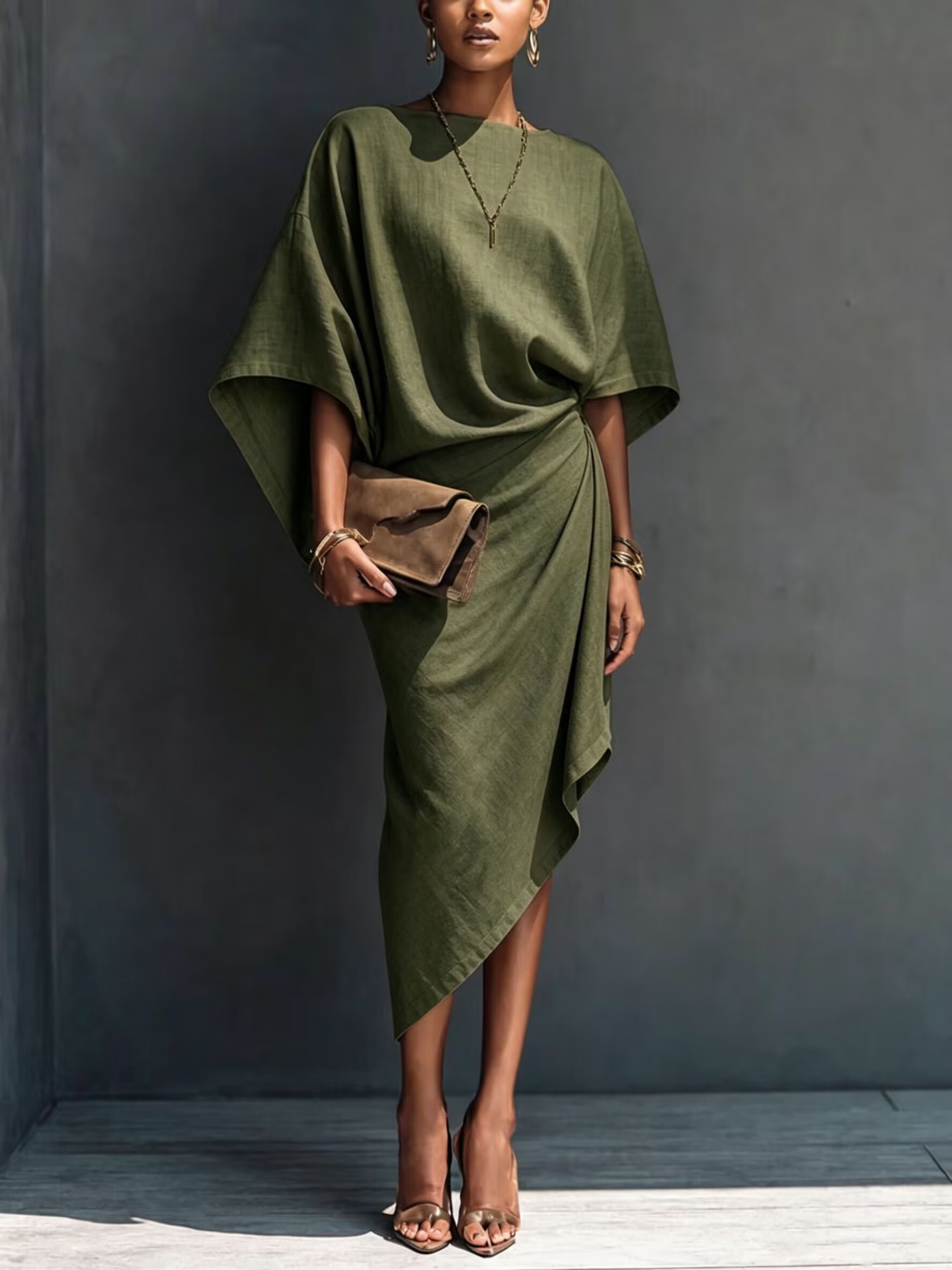 Orinthel™ | Draped Asymmetrical Short-Sleeve Midi Dress