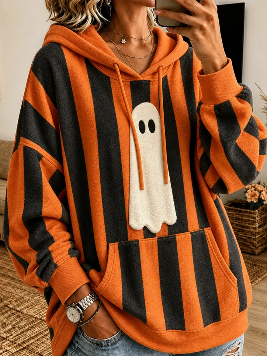 Women's Halloween Striped Ghost Hoodie