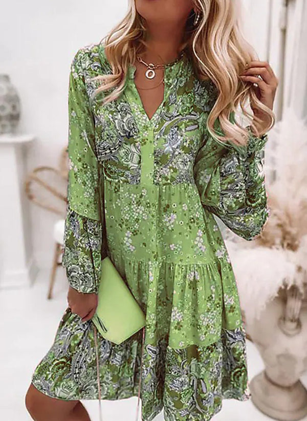 Lavinia™ | Floral Patchwork V-Neck Long Sleeve Above-the-Knee A-Line Dress