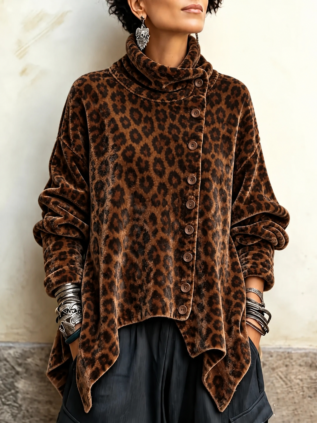 Aurinda™ | Leopard Print Cowl Neck Tunic Top