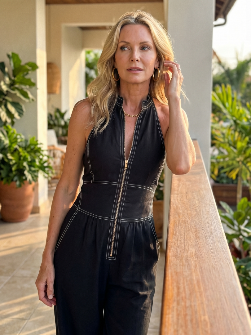 Alandra™ | Zip Front Contrast Stitch Wide Leg Jumpsuit