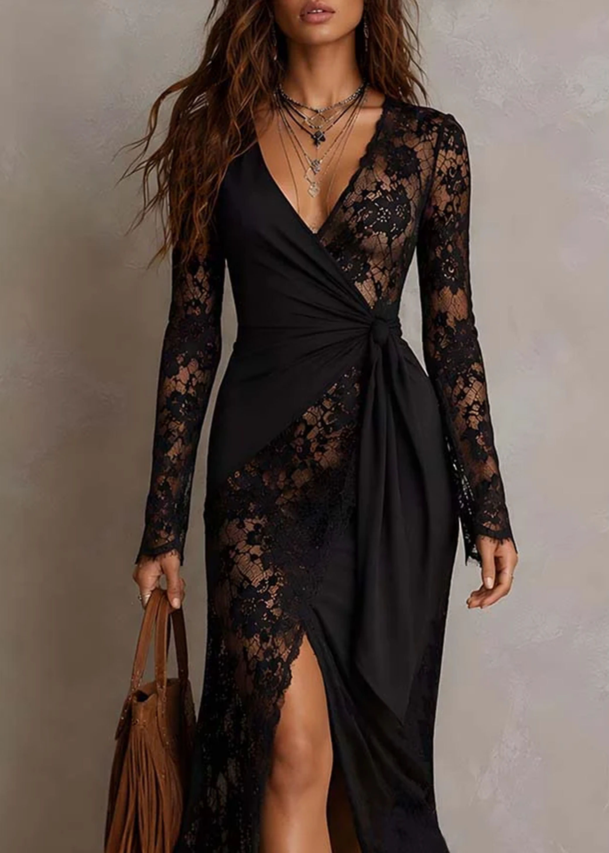 Juliette™ | V-Neck Long Sleeve Waist-Tied Slit Elegant Midi Dress