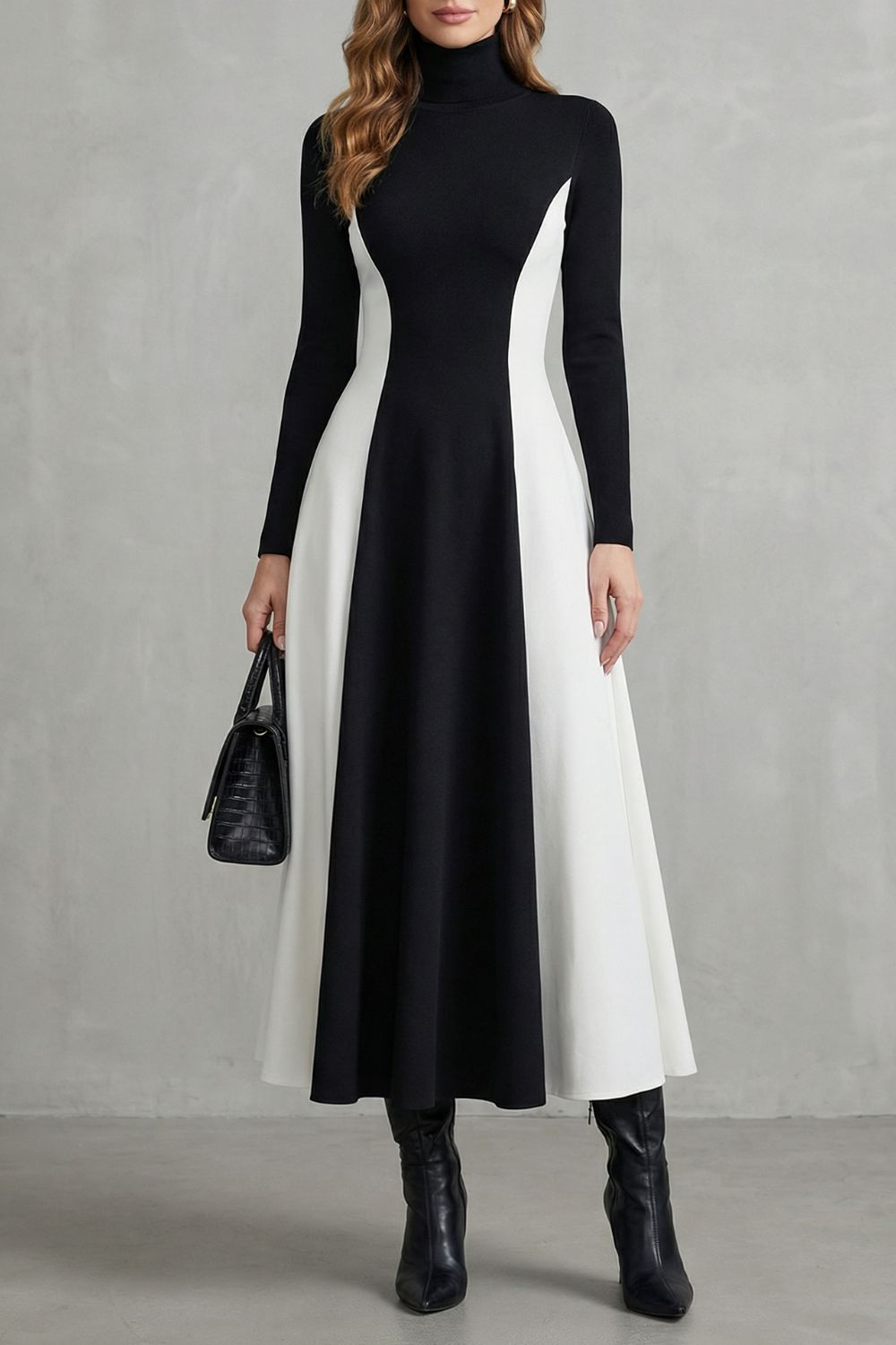 Leontara™ | Sculpted Contrast Flow Turtleneck Dress
