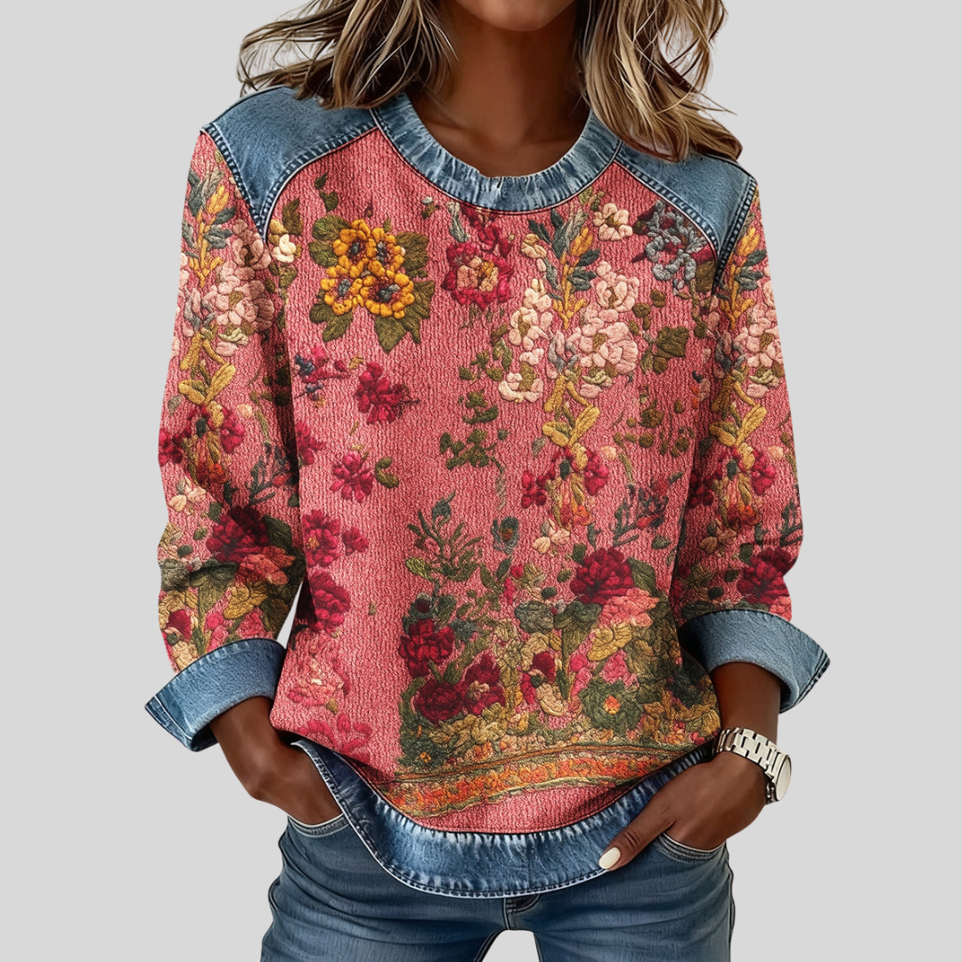 Orabelle™ | Floral Print Denim-Trim Sweatshirt