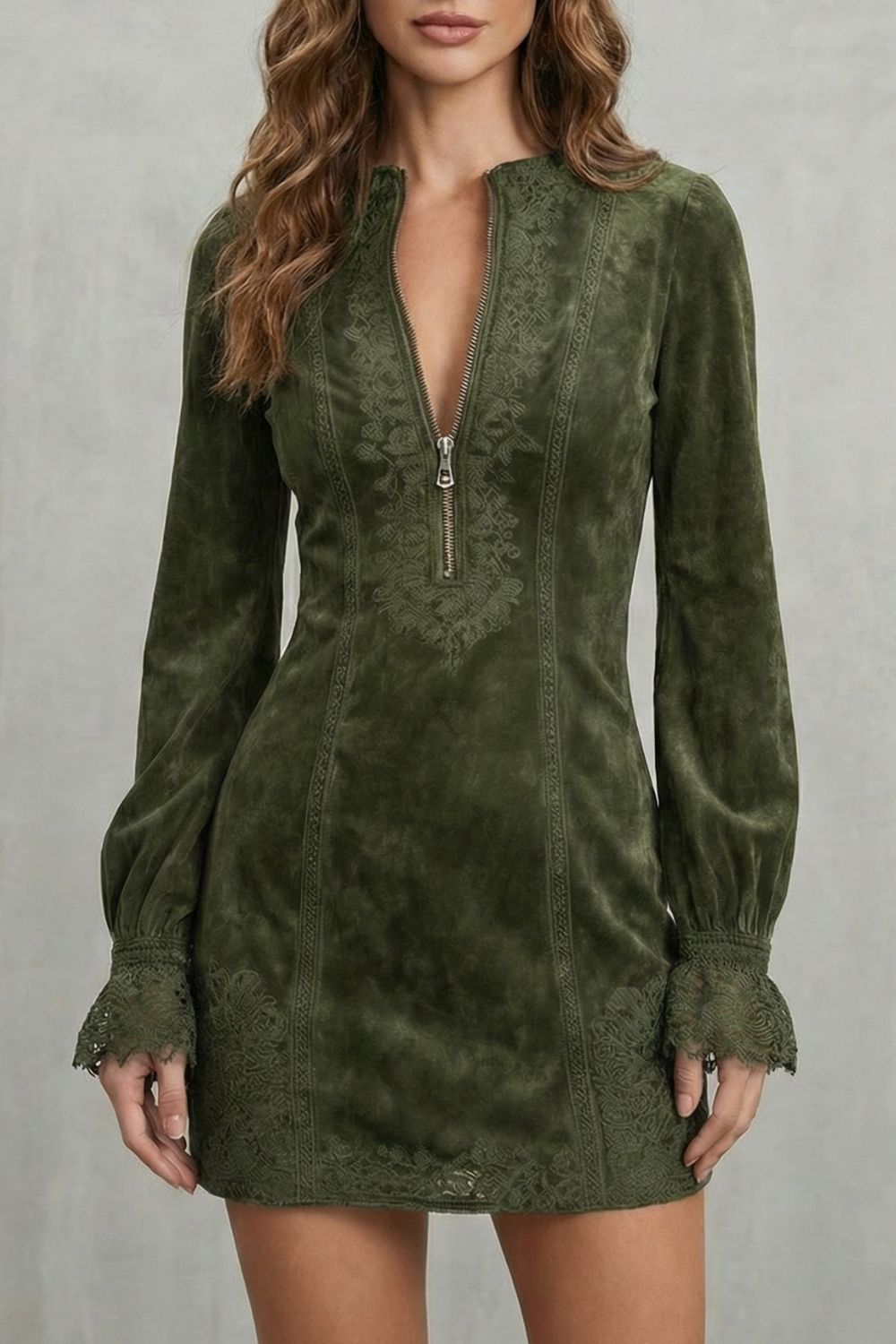 Holvaine™ | Embroidered Detail Zip-Front Mini Dress