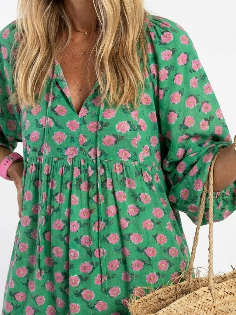 Fleuranne™ | Floral Print V-Neck Tiered Midi Dress