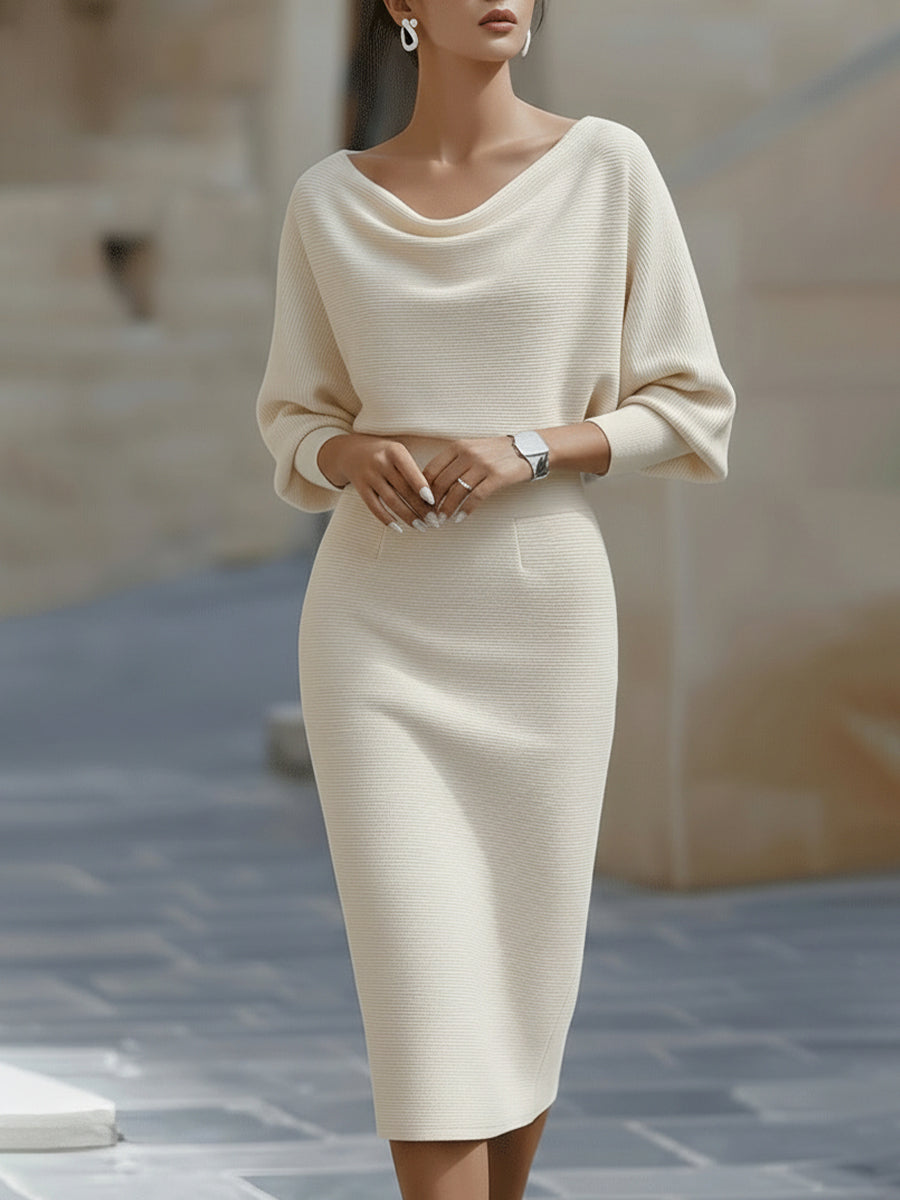 Belvaine™ | Draped Midi Dress with Batwing Sleeves