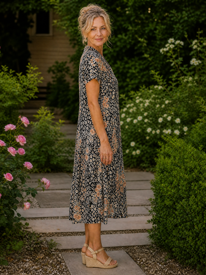 Rosemary™ | Floral V-Neck Short Sleeve Midi Dress