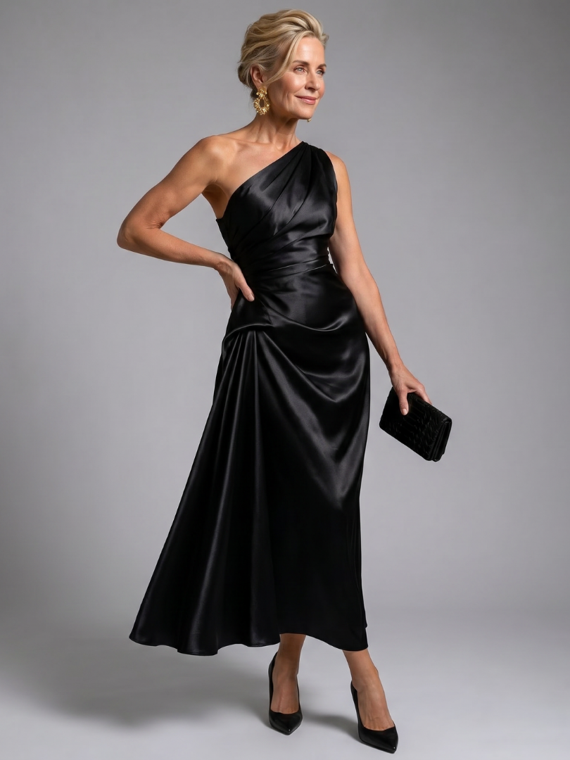Zeima | One Shoulder Draped Satin Midi Dress