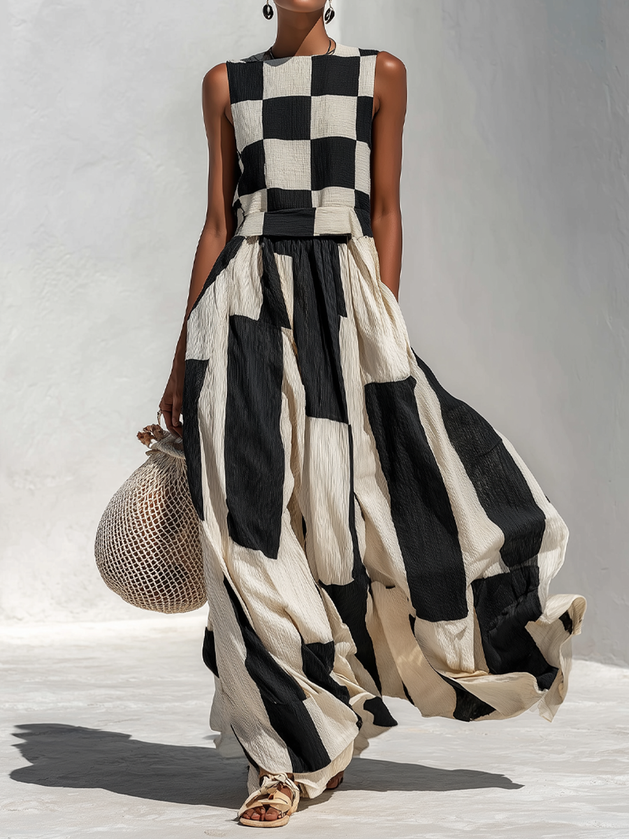 Esmé™ | Check And Stripe Pattern Sleeveless Maxi Dress